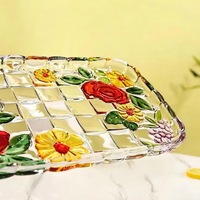Plateau rectangulaire en verre cristal FLVC à motif végétal, design minimaliste et technique pigmentée, pour servir thé et fruits