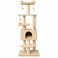 En gros, Arbre à chat en sisal et peluche beige, avec structure d'escalade, griffoir, niche fermée, plateformes surélevées et jouets suspendus
