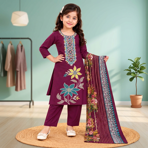 Conjunto de Kurta Tradicional Romana de Seda para Niñas con Bordado Floral, Corte Regular, Largo hasta el Tobillo, para Uso Casual, Estilo India-Pakistán - Product Image 2