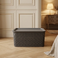 Organisateur de bureau minimaliste moderne en plastique imitation rotin avec couvercle en bambou, boîte de rangement pour le bureau, lot de trois