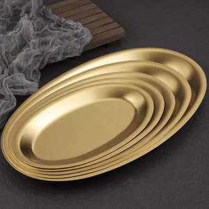 Assiette <span class=keywords><strong>de</strong></span> <span class=keywords><strong>service</strong></span> ovale en acier inoxydable doré, vente en gros d'usine, plateau alimentaire économique, diverses tailles disponibles - Product Image 1