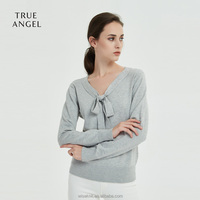 Pull décontracté pour femme en maille fine respirante 5% soie, col rond, avec nœud, idéal pour l'automne