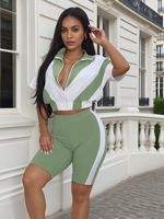 En solde : Ensemble de vêtements de sport pour femmes, chemise courte à fermeture éclair et short moulant au-dessus du genou, ensemble 2 pièces, jogging pour femmes, survêtement patchwork