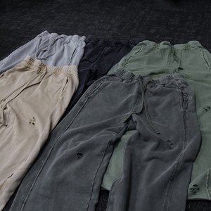 Hot Selling Custom Men's 100% Cotton Ripped Vintage Washed Sweatpants Casual Loose Fit Distressed Knitted <b>Pants</b> for Men - Product Image 5