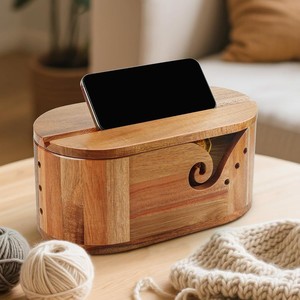 Wooden Oval Yarn Bowl With Lid Phone Stand Storage Box For <b>Crochet</b> <b>Hooks</b> Needlework Desktop Organizer Solid Color - Product Image 1