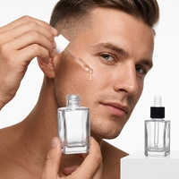 Vente directe d'usine de flacons compte-gouttes carrés en verre décoratifs à fond épais, 30 ml, 15 ml, avec bouchons métalliques