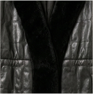 Manteau long en cuir pour <span class=keywords><strong>femme</strong></span>, veste cintrée à la taille avec bordure en fausse <span class=keywords><strong>fourrure</strong></span> - Product Image 5