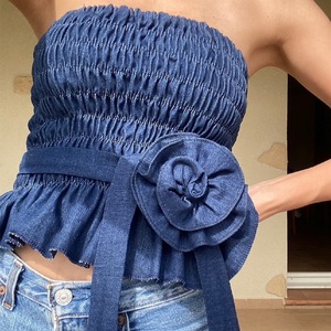 Decorazione floreale Sexy in stile retrò <span class=keywords><strong>blu</strong></span> Denim con gilet a pieghe di reggiseno corto con Top canottiera in <span class=keywords><strong>pizzo</strong></span> - Product Image 2