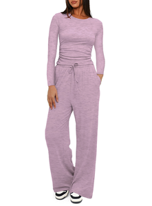 Ensemble de détente minimaliste pour femmes en 2 pièces, haut court à <span class=keywords><strong>manches</strong></span> <span class=keywords><strong>longues</strong></span> légèrement ajusté, pantalon large, survêtement décontracté pour les sports de plein air - Product Image 4