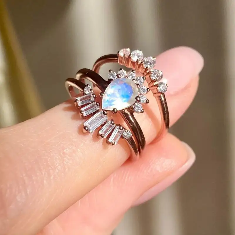 VANA Rose Quartz Blue Raw Gemstone Jewelry Natural Aquamarine Pink Moonstone 925 Sterling Silver Stacking Rings Silver Ring
