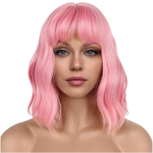 <span class=keywords><strong>Perruque</strong></span> Bob mi-longue rose pastel à lacets entièrement noués, avec frange, ondulée lâche, en fibre haute température, pour <span class=keywords><strong>femme</strong></span>, parfaite pour le cosplay et les costumes. - Product Image 1