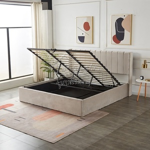 <span class=keywords><strong>Lit</strong></span> plateforme King Size avec tête de <span class=keywords><strong>lit</strong></span> à dossier haut en <span class=keywords><strong>velours</strong></span> <span class=keywords><strong>beige</strong></span>, rembourré, avec rangement hydraulique à vérin à gaz - Product Image 1