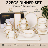 Ensemble de vaisselle en céramique pour restaurant, 32 pièces, avec logo personnalisé, vaisselle d'hôtel, vaisselle en argile mate, assiettes avec bord doré