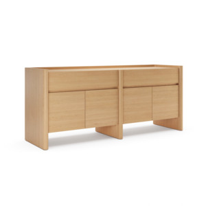 Buffet moderne Japandi en chêne <span class=keywords><strong>naturel</strong></span> avec <span class=keywords><strong>panneaux</strong></span> latéraux arrondis, armoire minimaliste à 4 portes, meuble de salle à manger, armoire de cuisine, table - Product Image 3
