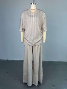 Conjunto de Ropa de Verano Moderno HK72391 para Mujer, Informal, Holgado, con Cuello en V, Top de Manga Corta a Rayas + Pantalones Anchos de Pierna, Conjunto de Dos Piezas - Product Image 5
