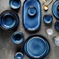 En Gros Pas Cher Glaçure Bleue de Haute Qualité Assiettes en Porcelaine Bols à Riz Services de Vaisselle Ronds en Céramique pour Restaurant