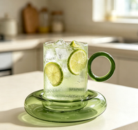 Wuso Handgefertigtes Hochwertiges Borosilikatglas Tasse und Untertasse Set Grüne Donut-förmige Untertasse Einzigartiger Ringgriff Becher für Kaffee Tee Latte 125ml