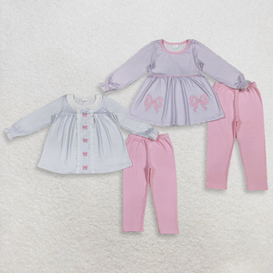 Ensemble de vêtements pour bébés filles, manches longues, broderie, nœuds, rayures, pantalon legging rose - Product Image 2