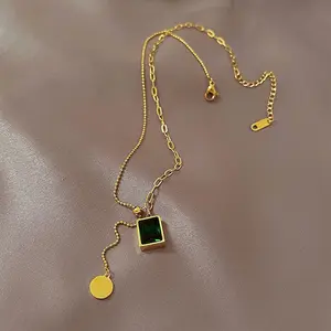 Цепочка с бусинами в минималистическом стиле, винтажное регулируемое ожерелье из нержавеющей стали с зеленым и черным кристаллом