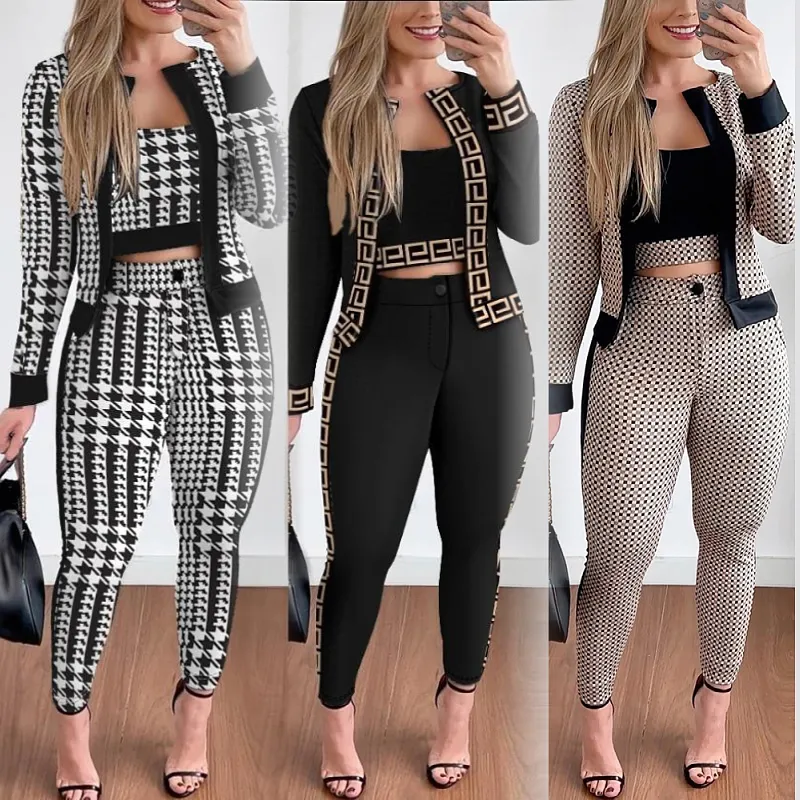 Frühling Herbst Straße Trendsetter Frauen Kleidung Damen Tank Crop Top Cardigan Mantel enge Hosen dreiteilige Damen-Sets