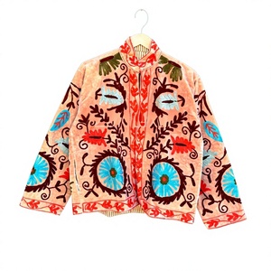 Peach <b>Velvet</b> Suzani Embroidered Jacket <b>Coat</b> Handmade Winter Unisex Jacket <b>Coat</b> Two Side Pocket - Product Image 1