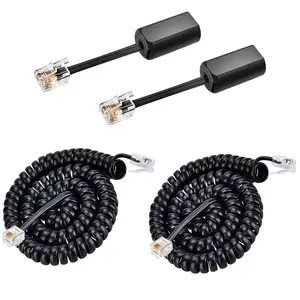 Black 12 Foot Extended Spiral Core RJ12 Flexible Telephone Cable Line Flat Patch 4p4c 6p4c RJ11 Telephone Line