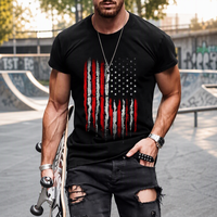 T-shirt en popeline à manches courtes pour homme, motif rétro rayé avec étoiles, impression numérique 3D, 180g, antibactérien, coupe ample, streetwear décontracté