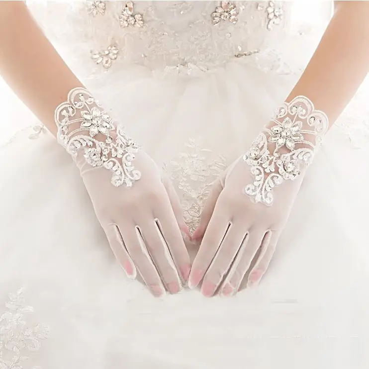 Bride short wrist glove Accessories embroidery lace trimmings wedding sheer tulle gloves