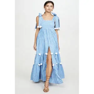 Unique Checkered Pattern Smocked Bodice Pom Pom Details Girls Tiered Maxi Dress Customized Fashion Women Long Resort Dress