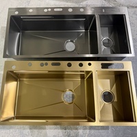 Évier de cuisine multifonctionnel en acier inoxydable noir nano double bac, fait main, style moderne, avec robinet cascade et égouttoir à vaisselle