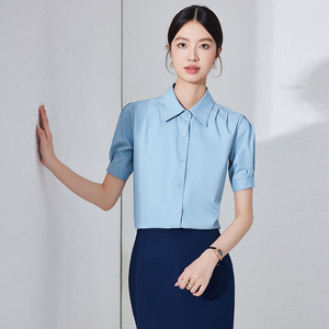 Women's Short Sleeve Shirt Poplin Anti-Wrinkle Office Commuter Style Blue Skirt Set - Product Image 3
