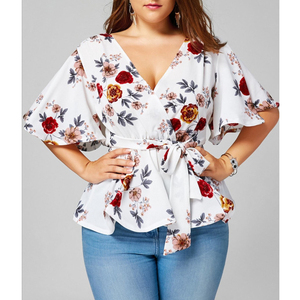 Moda nueva llegada gran oferta nueva moda más blanco manga corta cuello en V Catton mujeres de talla grande Top - Product Image 4