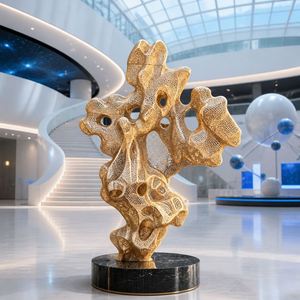 Escultura Abstracta Tradicional de Feng Shui en Acero Inoxidable con Acabado Dorado Pulido, Forma de Coral Orgánico, Rejilla Paramétrica Moderna - Product Image 5