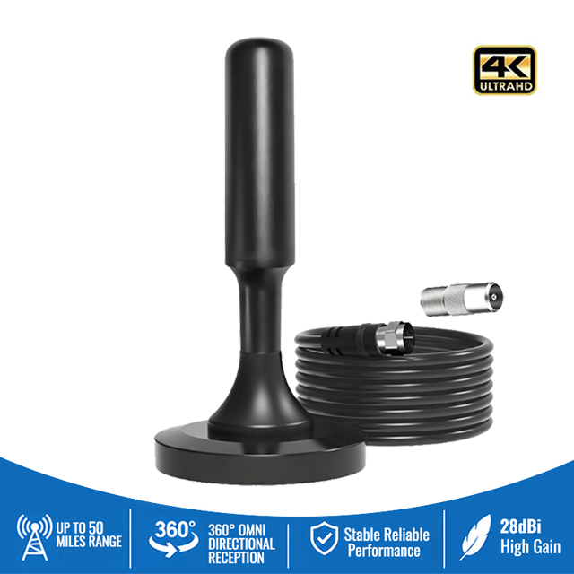 Indoor 4K 1080P HDTV Antenna 28dBi High Gain with F to IEC Connector 50Miles Long Range Digital TV Antenna with Magnetic Base