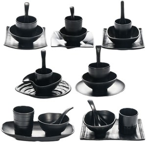 <b>Black</b> Melamine Bowl Set With Spoon And <b>Plate</b> Round Solid Color For Daily Use 4 Piece Commercial Tableware - Product Image 3