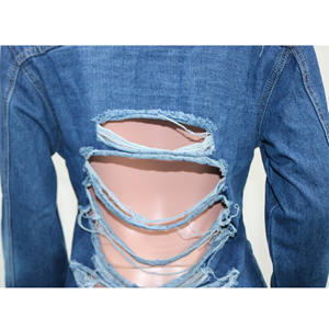 Chaqueta vaquera para mujer, gabardina vaquera larga perforada con flecos de color sólido, Chamarras De Mezclilla <span class=keywords><strong>Muger</strong></span> - Product Image 6