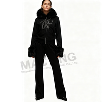 Ensemble 2 pièces personnalisé pour femme, motif vintage automne 2025, avec sweat à capuche et pantalon de survêtement évasé, en fausse fourrure et strass, fermeture éclair