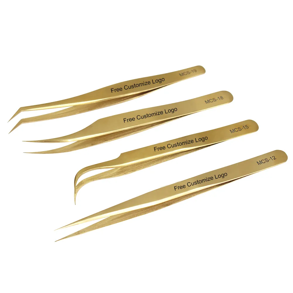 Pinzas para extensión de pestañas con Logo personalizado, Color dorado, pinzas profesionales de acero inoxidable, pinzas para cejas con volumen