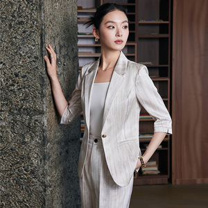 Women's 3/4 Sleeve Striped Blazer Suit Set Acetate Satin Anti-Wrinkle Professional Casual Spring Summer 2025 - Product Image 2
