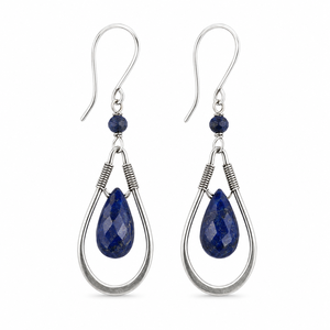 Orecchini Pendenti Vintage a Goccia con Pietra Blu, Texture Martellata, Ispirazione Etnica, Gioielli Pendenti per Donna - Product Image 1