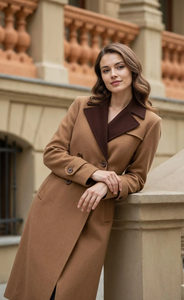 <b>Women</b>’s Camel Brown <b>Wool</b> Trench <b>Coat</b> with Contrast Chocolate Lapel Elegant Long <b>Double</b> <b>Breasted</b> Tailored Overcoat Premium Winter - Product Image 5