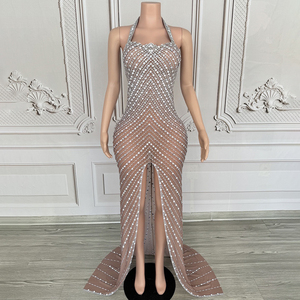 Novance Y4589 fornitori Dropshipping argento strass eleganti abiti lunghi da ballo Sexy con spacco alto abito da donna - Product Image 1