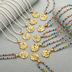 Hammered Medallion Pendant Pearl Beaded Celestial Astrology Constellations 18K Gold Plated Zodiac Jewelry Sign <strong>Coin</strong> <strong>Necklace</strong> - Product Image 3