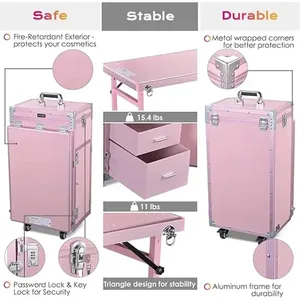 Table de manucure roulante pliable, table à ongles, valise de maquillage, chariot de rangement de voyage avec 4 tiroirs, miroir et haut-parleur - Product Image 5