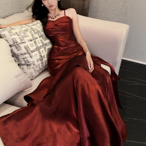 Mermaid Style Red Prom Dress Spaghetti Strap Ruffles Natural Waistline Elegant Coming Of Age Ceremony Banquet Party Attire - Product Image 2