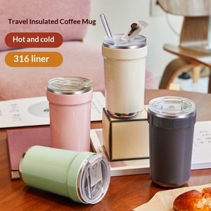 Mug à café portable en acier inoxydable 316, double usage chaud/froid, avec paille, style minimaliste, pour extérieur, vente en gros - Product Image 2