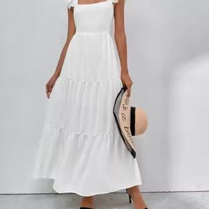 Vestido Elegante de Lino Blanco para Mujer, Estilo Veraniego, Cuello Cuadrado, con Volantes, Midi Holgado, Cintura Alta, Casual, para Damas - Product Image 1