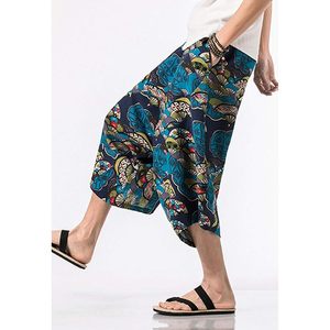 FOXA Mens Elastic Waist Pattern Printed Capri Pants Linen Cotton Breathable Wide Leg <b>Shorts</b> for Casual Wear - Product Image 6