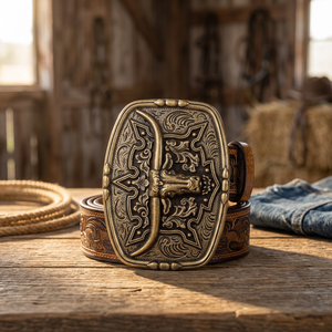 Ceinture vintage en cuir de vache style western avec boucle en plaque de cuivre, motif uni, durable, style décontracté, moulage monobloc - Product Image 3