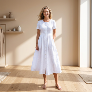 Organic Linen <b>Vintage</b> High Waist Breathable A-Line Silhouette Bow Decoration Dress Women | V Neck Bell Sleeve Asymmetrical Dress - Product Image 3